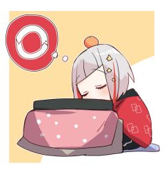  1girl balancing_on_head bob_cut border closed_eyes colored_inner_hair commentary_request diagonal_bangs dreaming food fruit full_body grey_hair hair_ornament highres inverted_bob kanduki_kamibukuro kotatsu link!_like!_love_live! love_live! mandarin_orange multicolored_hair official_alternate_costume ouroboros outside_border red_happi redhead short_hair sitting snake solo speech_bubble star_(symbol) star_hair_ornament streaked_hair table thought_bubble u_u virtual_youtuber white_border white_snake yellow_background yugiri_tsuzuri 