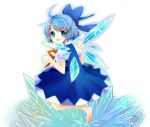 1girl absurdres ahoge barefoot blue_eyes blue_hair cirno hair_ribbon highres ice ice_wings looking_back ribbon ruhika simple_background solo touhou wings 