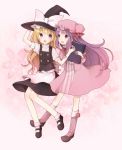  2girls blonde_hair blush book bow child crescent dress fang floral_background hat highres kirisame_marisa long_hair multiple_girls patchouli_knowledge pisuko purple_hair ribbon smile touhou violet_eyes witch_hat young 