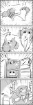  1girl 4koma battle bow bucket cirno comic frog_hair_ornament hair_bobbles hair_bow hair_ornament hair_tubes highres ice kicking kisume kochiya_sanae long_hair monochrome multiple_girls o_o refrigerator smile tani_takeshi touhou translation_request twintails wings yukkuri_shiteitte_ne 