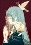  1girl animal_on_head blood blue_hair dhiea english flower hands_together long_hair mouth_hold original outline solo veil yellow_eyes 