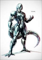  1boy android arm_up cooler_(dragon_ball) dragon_ball dragon_ball_z full_body k-suwabe looking_at_viewer male_focus meta-cooler metal_skin red_eyes robot smile solo tail 