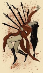  1boy arched_back black_footwear black_hair blood blood_splatter boots braid chinese_clothes colored_skin commentary_request earrings grey_skin hair_ribbon hand_up hanfu highres hua_cheng impaled jewelry long_hair male_focus pants pointy_ears red_hanfu red_ribbon ribbon russian_commentary scimitar side_braid solo sparkle stab sword sword_tassel tianguan_cifu very_long_hair weapon white_pants yaroslava_murashko yellow_background 