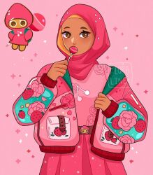  1girl bright_pupils brown_eyes candy commentary cookie_run covered_mouth dark-skinned_female dark_skin drawstring english_commentary f.loraline film_grain floral_print food highres hijab holding holding_candy holding_food holding_lollipop humanization jacket lollipop long_sleeves looking_at_viewer muslim open_clothes open_jacket pink_background pink_hijab pink_jacket pink_shirt pink_skirt pink_theme puffy_long_sleeves puffy_sleeves reference_inset rose_print shirt simple_background skirt solo sparkle strawberry_cookie upper_body watermark white_pupils 