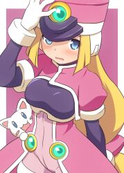  1girl blonde_hair blue_eyes blush border breasts coat cowboy_shot curakuru hat highres large_breasts mega_man_(series) mega_man_zx pink_background pink_coat pink_hat prairie_(mega_man) robot_ears shako_cap simple_background solo stuffed_animal stuffed_cat stuffed_toy white_border 