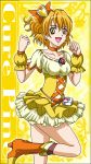  1girl boots bow brooch brown_eyes brown_hair character_name choker cure_pine fresh_precure! hair_bow hanzou4 jewelry knee_boots magical_girl precure short_hair side_ponytail skirt smile solo standing_on_one_leg wrist_cuffs yamabuki_inori yellow yellow_background 