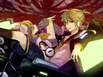  1boy 1girl blonde_hair blue_eyes brother_and_sister guitar hair_ornament hair_ribbon hairclip headphones instrument kagamine_len kagamine_rin microphone_stand necktie ribbon ryou_(fallxalice) short_hair shorts siblings smile twins twintails vocaloid 