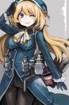  1girl arm_up atago_(kantai_collection) black_legwear blonde_hair blue_eyes blush breasts gloves hat ika kantai_collection large_breasts long_hair looking_at_viewer military military_uniform pantyhose personification salute smile solo uniform wink 