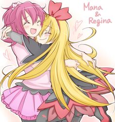  2girls :d aida_mana arms_around_neck bat_print black_legwear blonde_hair blush character_name closed_eyes couple dokidoki!_precure hairband half_updo happy heart hug jappo long_hair multiple_girls open_mouth pantyhose pink_hair precure red_ribbon regina_(dokidoki!_precure) ribbon short_hair smile yuri 