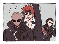  3boys adjusting_eyewear arm_around_neck arm_up bald batphone1939 bindi black_gloves black_hair black_jacket black_necktie black_shirt black_suit border brown_eyes closed_eyes collared_shirt earrings facial_hair facial_mark final_fantasy final_fantasy_vii fingerless_gloves gloves goatee goggles goggles_on_head grey_background hair_pulled_back holding holding_phone jacket jewelry low_ponytail male_focus multiple_boys necktie open_mouth parted_lips phone redhead reno_(ff7) rude_(ff7) shirt short_hair_with_long_locks sketch smile spiky_hair suit suit_jacket sunglasses tan tseng white_border white_shirt 