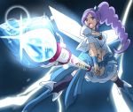  1girl aono_miki blue blue_background blue_dress blue_legwear boots choker cure_angel_(fresh_precure!) cure_berry dress eyelashes fresh_precure! frilled_skirt frills hair_ornament heart ikari_manatsu long_hair magical_girl midriff navel open_mouth ponytail precure purple_hair ribbon serious shirt side_ponytail skirt solo thigh-highs thigh_boots thunder violet_eyes wand wings 