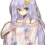  bad_id contemporary hair_ornament hair_ribbon hiharo long_hair long_sleeves moon oversized_clothes patchouli_knowledge purple_eyes purple_hair ribbon sleeves_past_wrists touhou violet_eyes 