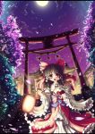  abyss_of_parliament brown_hair cherry_blossoms cloud clouds detached_sleeves hakurei_reimu highres japanese_clothes lantern moon night north_abyssor petals red_eyes shimenawa shrine sky stairs torii touhou tree 