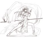  brown china_dress chinadress chinese_clothes fighting_stance hat highres hong_meiling ledjoker07 long_hair monochrome polearm spear touhou twin_braids weapon 