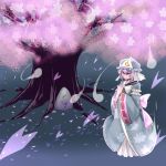  fan ghost hat highres japanese_clothes pakuchii petals pink_hair red_eyes saigyouji_yuyuko short_hair tombstone touhou tree 