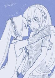  blue blue_background blush closed_eyes hatsune_miku headphones hijikini megurine_luka monochrome multiple_girls simple_background sketch sweatdrop translated translation_request vocaloid yuri 