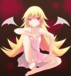  bakemonogatari barefoot bat_wings dousaki_shinya dress fangs feet flat_chest grin loli monogatari_(series) oshino_shinobu red_eyes sitting slit_pupils smile solo sundress wings 