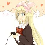  blonde_hair controller drooling game_controller green_eyes hair_ribbon long_hair memesaso playing_games playstation ribbon seitokai_no_ichizon shiina_mafuyu 