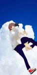  1girl blue cloud clouds couple hug konno_makoto mamiya_chiaki school_uniform shirt skirt sky toki_wo_kakeru_shoujo 