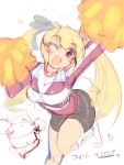  :d ;d blonde_hair blush breasts cheerleader large_breasts mel/a melfina_bluesky oekaki open_mouth original pom_poms red_eyes ribbon sketch skirt smile solo standing_on_one_leg sweater translation_request twintails wink 