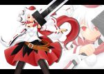  1girl animal_ears baia breasts detached_sleeves hat inubashiri_momiji letterboxed looking_at_viewer red_eyes short_hair simple_background smile solo sword tail tokin_hat touhou weapon white_background white_hair wolf_ears wolf_tail zoom_layer 