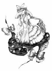  bow dress empty_eyes eyes fan gap hat highres kurosaki_(niggurath) long_hair monochrome ribbon teeth touhou yakumo_yukari 