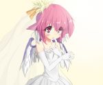  blush bridal_veil bride cute dress elbow_gloves gloves hand_on_own_chest jewelry looking_up mystia_lorelei pink_hair ring short_hair solo touhou urimono veil wedding wedding_dress white_gloves wings 