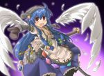  blue_hair boots feathers food fruit hat hinanawi_tenshi long_hair mittens outstretched_arms peach red_eyes scarf spread_arms sword touhou weapon wings 