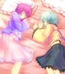  bad_id bed green_hair komeiji_koishi komeiji_satori multiple_girls noconol purple_hair short_hair siblings sisters sleeping touhou 