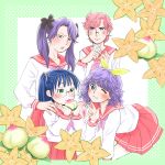  blue_hair food fruit glasses hiiragi_kagami hiiragi_tsukasa izumi_konata junjou_crazy_fruits lucky_star matsui_celine messy_hair oldschool parody pink_hair purple_hair school_uniform serafuku takara_miyuki twintails 