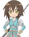  brown_hair fang kusakabe_misao lowres lucky_star monster_hunter parody sword weapon yellow_eyes 