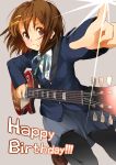  birthday blazer brown_eyes brown_hair gibson guitar hair_ornament hairclip highres hirasawa_yui instrument k-on! les_paul nishiuri_warito pantyhose plectrum pointing school_uniform short_hair skirt solo suika_wari 