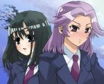  bad_id black_hair green_eyes kajiki_yumi multiple_girls purple_eyes purple_hair saki school_uniform touyoko_momoko violet_eyes 