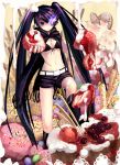  black_hair black_rock_shooter black_rock_shooter_(character) blue_eyes boots cake candy cherry cream doughnut expressionless food fruit glowing glowing_eyes hair_over_one_eye in_food long_hair looking_at_viewer midriff minigirl nail_polish navel pastry sankusa scar shorts solo strawberry twintails very_long_hair 