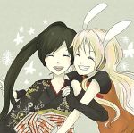  amane_luna animal_ears bad_id black_hair blonde_hair blush bunny_ears closed_eyes headphones hug japanese_clothes kimono lowres multiple_girls nagone_mako ponytail pug_(pixiv) rabbit_ears utau 