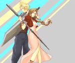  blonde_hair blue_eyes bolero braid brown_hair choker cloud_strife couple dress female final_fantasy final_fantasy_vii green_eyes gumi_(nisoniso) hair_ribbon jacket long_hair looking_back male nisoniso pink_ribbon ponytail ribbon short_hair single_braid smile spiky_hair staff sword weapon 