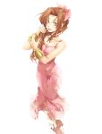  aerith_gainsborough bare_shoulders bracelet brown_hair coco-nattou dress female final_fantasy final_fantasy_vii green_eyes long_hair pink_ribbon ribbon solo 