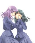  blazer closed_eyes hand_holding happy highres holding_hands kajiki_yumi kapiko open_mouth purple_hair saki school_uniform short_hair smile touyoko_momoko 