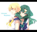  2girls bishoujo_senshi_sailor_moon blonde_hair blue_eyes character_name earrings futomashi green_hair jewelry kaiou_michiru lips magical_girl multiple_girls outer_senshi sailor_neptune sailor_senshi sailor_uranus smile super_sailor_neptune super_sailor_uranus ten&#039;ou_haruka yuri 