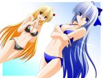  adult bikini blonde_hair blue_eyes blue_hair bow breast_hold breasts cirno cleavage engo_(aquawatery) fang hair_bow hair_ribbon large_breasts long_hair mound_of_venus multiple_girls navel red_eyes ribbon rumia smile swimsuit touhou very_long_hair 
