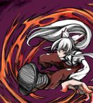  bow fire foreshortening fujiwara_no_mokou hair_bow hair_ribbon highres long_hair outstretched_arm outstretched_hand pants red_eyes ribbon serious shirt shoes silver_hair solo suspenders touhou uousa white_shirt 