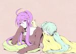  aqua_hair bad_id cat closed_eyes hatsune_miku kamui_gakupo long_hair lying on_stomach pillow ponytail purple_hair sleeping smile twintails vocaloid zumi 
