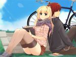  back_to_back bicycle blonde_hair book bracelet brown_hair chain chains digital_media_player earphones grass green_eyes headphones hoodie jewelry loafers long_hair mirk mp3_player scarf shared_earphones shirt shoes shorts skirt sleeves_rolled_up smile thigh-highs thighhighs zettai_ryouiki 