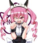  blush breast_squeeze breasts cat_ears curly_hair drill_hair fang fangs faris_nyannyan faris_nyanyan headdress large_breasts maid neck_ribbon pink_hair red_eyes ribbon steins;gate twintails wink wrist_cuffs zp 