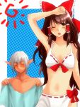  bad_id bikini blush brown_eyes brown_hair buront crossover final_fantasy final_fantasy_xi hair_ornament hakurei_reimu kn96 navel pointy_ears ribbon swimsuit the_iron_of_yin_and_yang touhou wink 