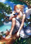  bird blonde_hair dress green_eyes hands lips no_socks original red_string ribbon ronce shoes sitting smile sneakers solo tree wings 