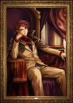  cape chair chin_rest cloak ekusa_takahito formal frame jacket male manly necktie official_art painting portrait red_hair redhead sitting spoilers umineko_no_naku_koro_ni ushiromiya_battler 