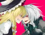  angry bad_id battle blonde_hair braid clenched_teeth eye_contact fighting forehead_to_forehead grin harano hat izayoi_sakuya kirisame_marisa long_hair multiple_girls red_eyes short_hair silver_hair simple_background smile touhou twin_braids witch_hat yellow_eyes 