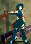  absurdres armpits bare_shoulders blood blue_hair ciel dress gloves halterneck highres huge_weapon kojou open_mouth seventh_holy_scripture solo tattoo thigh-highs thighhighs torn_clothes tsukihime weapon 