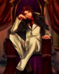  1boy bad_id black_eyes cape chair chin_rest jacket male necktie nohoho red_hair sitting solo throne umineko_no_naku_koro_ni ushiromiya_battler 
